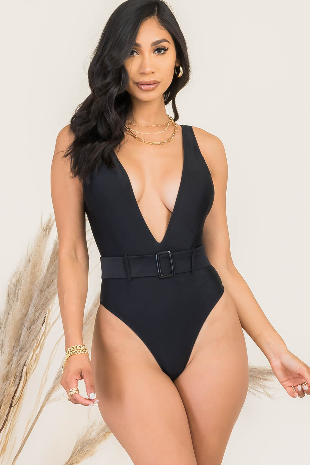 Millie Belted V-neck High Leg One Piece Swimsuit