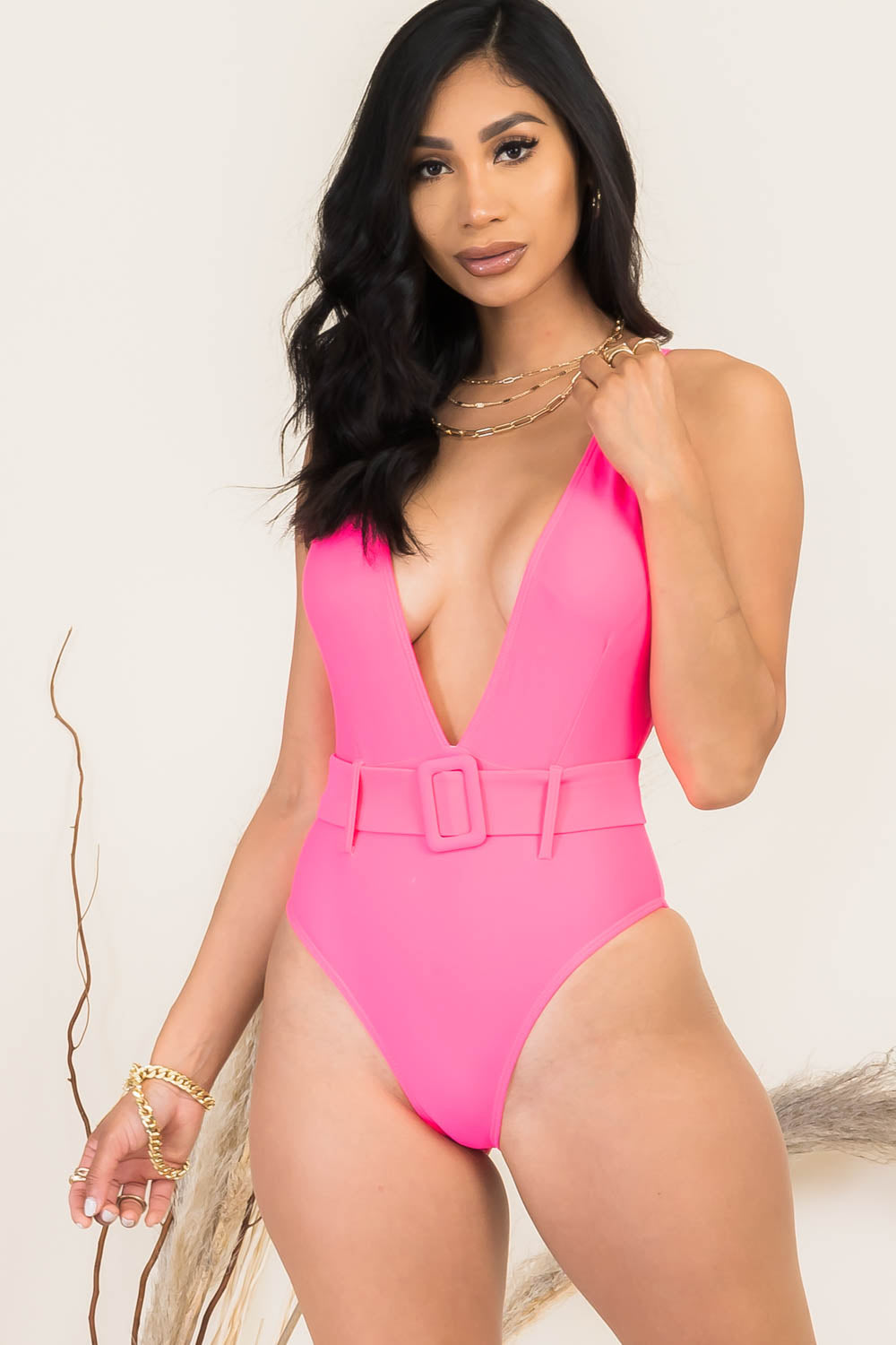 Millie Belted V-neck High Leg One Piece Swimsuit