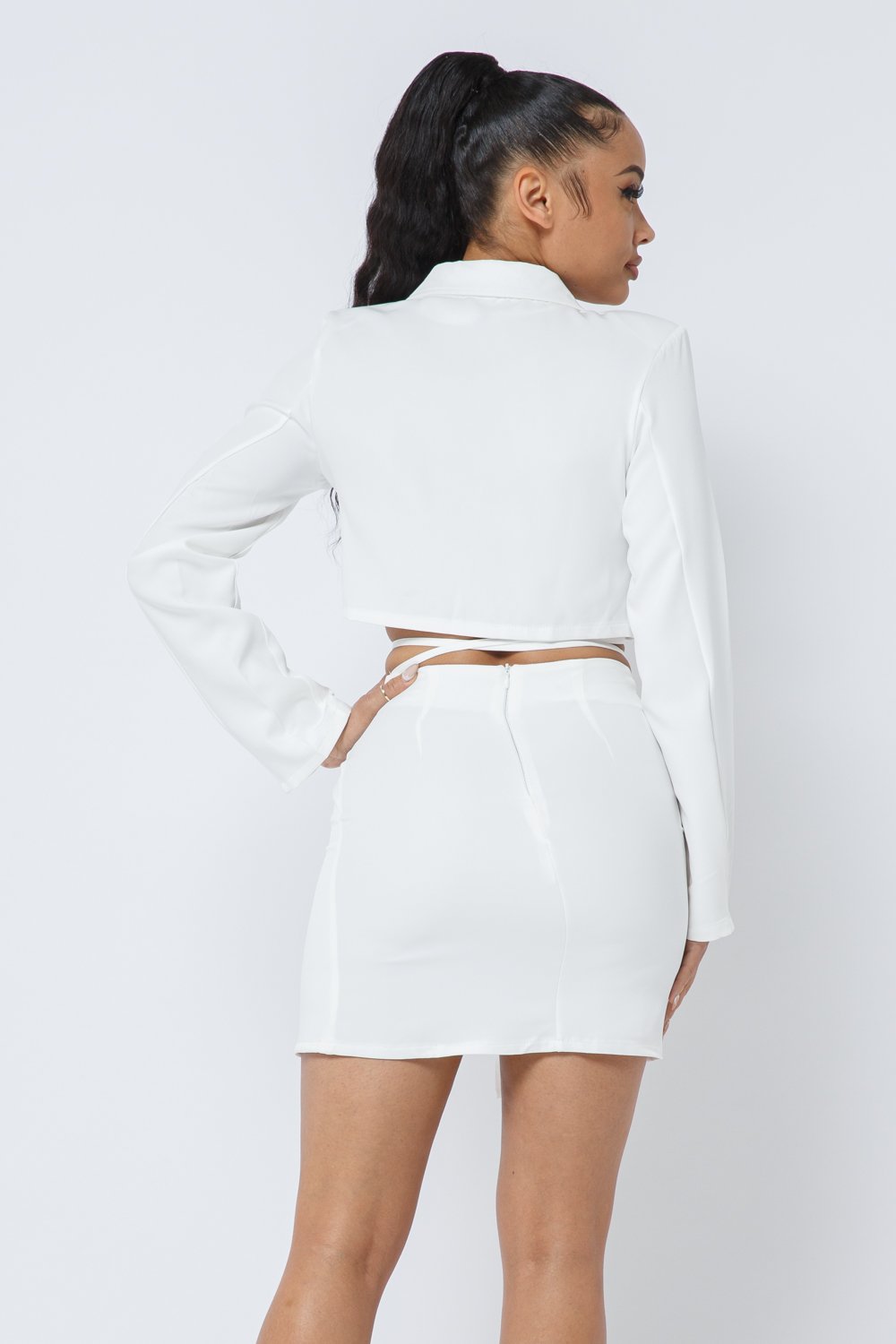 Natalia White Cropped Drawstring Blazer Top and Skirt Set