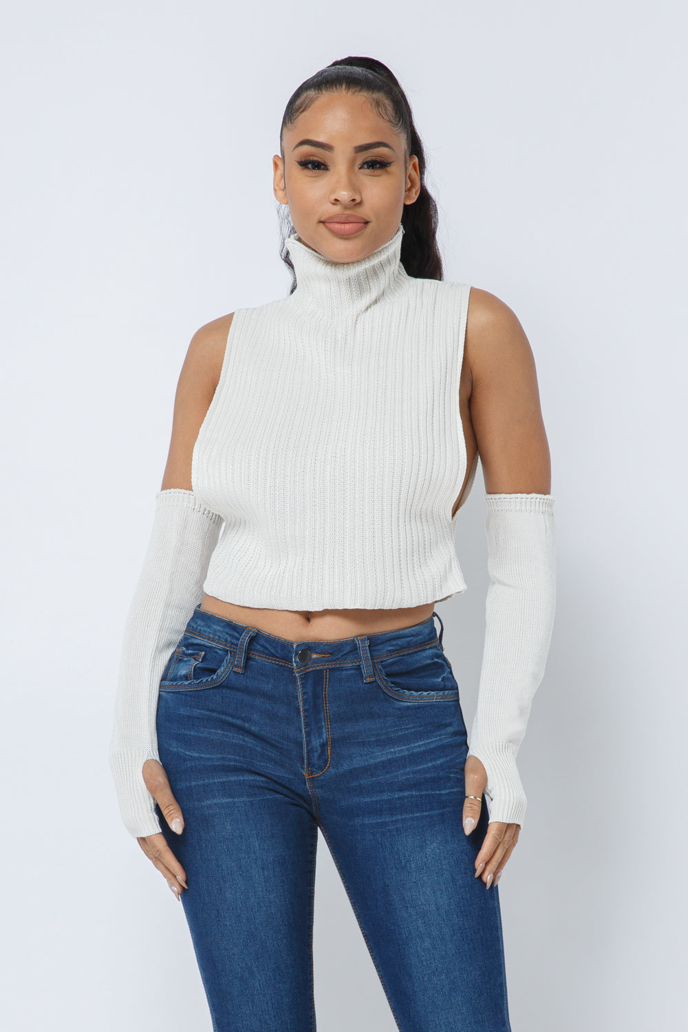 Knit Turtle Neck Sleeveless Top and Arm Sleeves