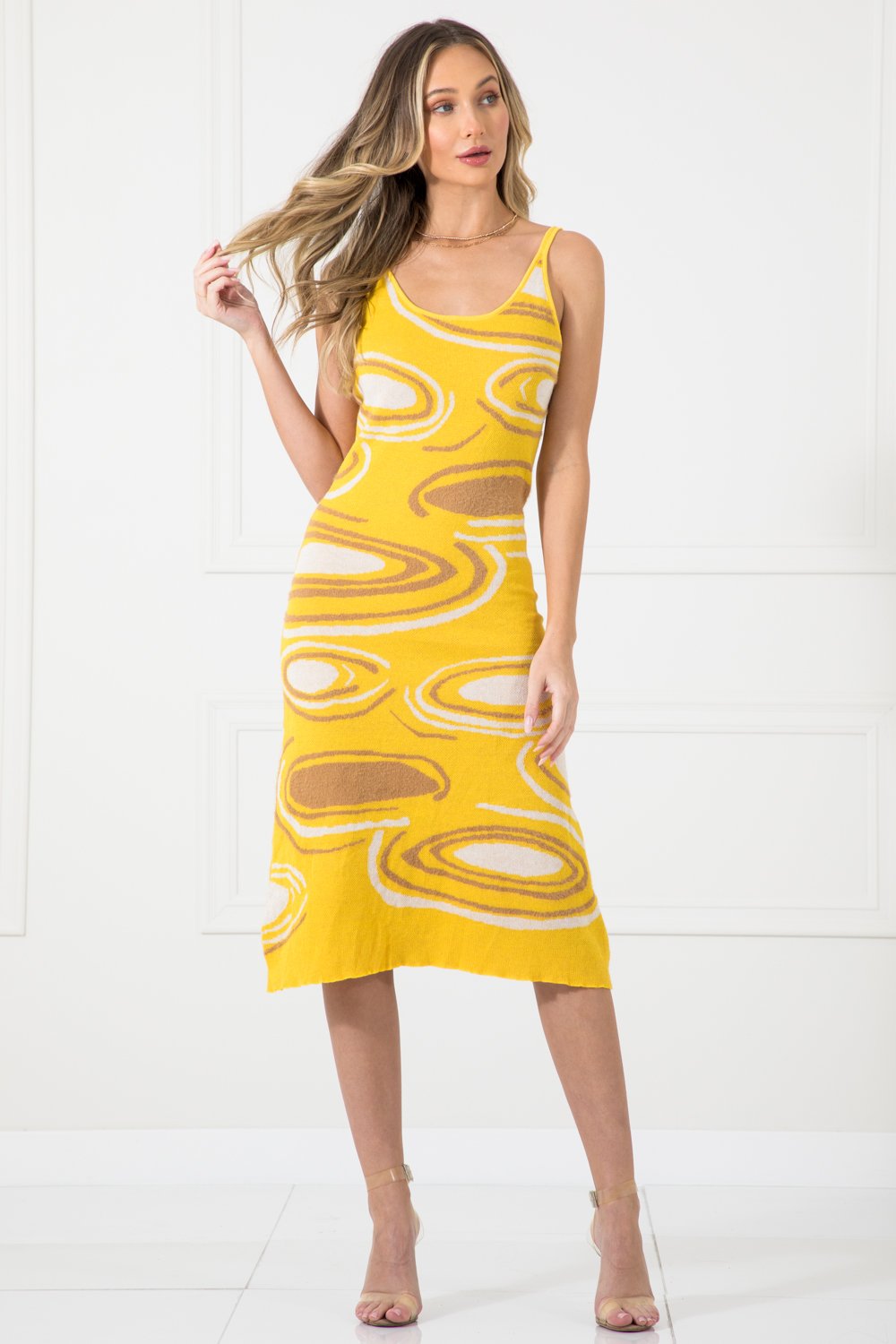 Finn Yellow Knit Abstract Cut Out Midi Dress