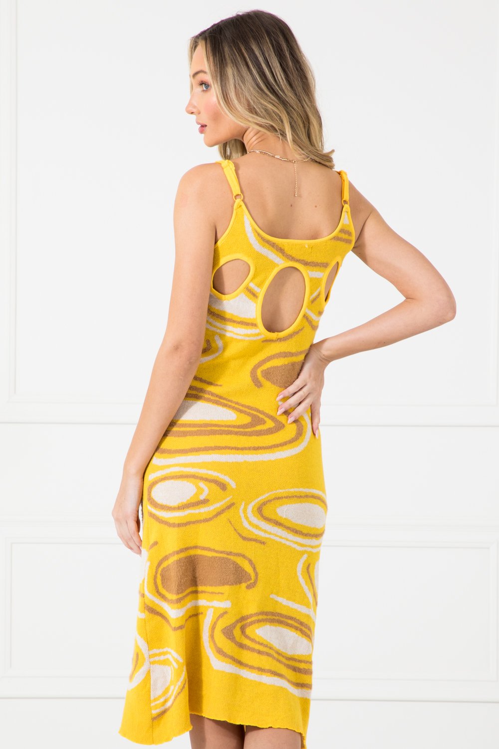 Finn Yellow Knit Abstract Cut Out Midi Dress