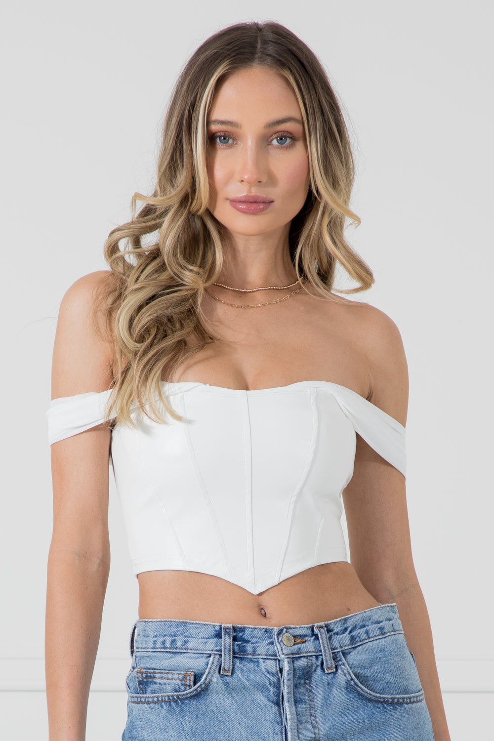 Arden White Corset Style Faux Leather Crop Top