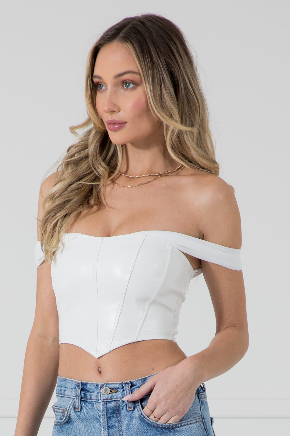 Arden White Corset Style Faux Leather Crop Top