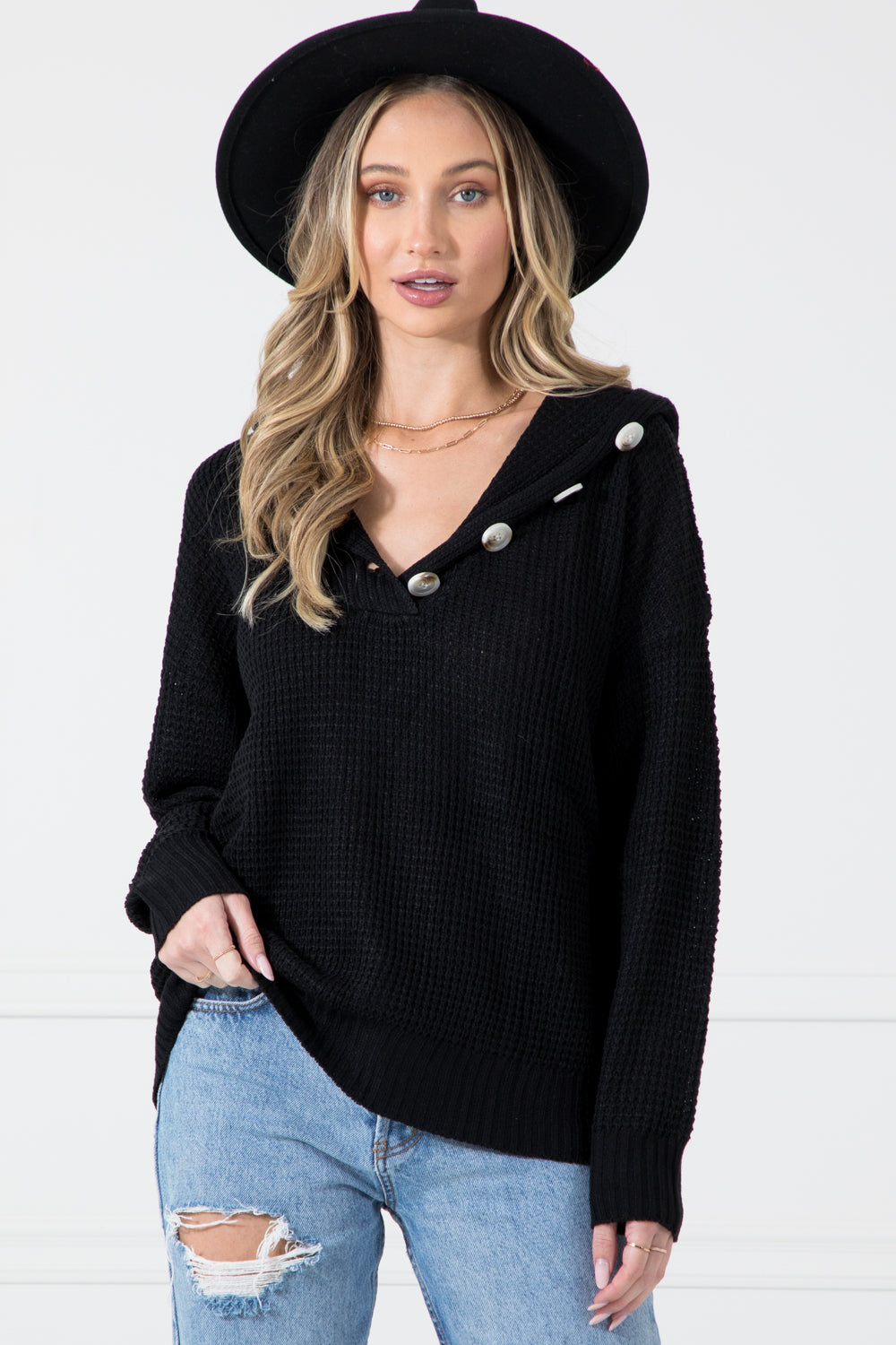 Oversized Button Waffle Hoodie Top