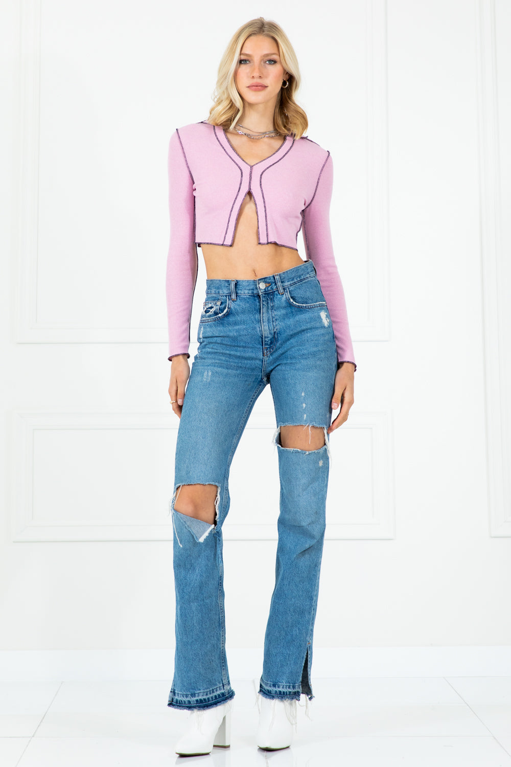 Willa Contrast Stitching Long Sleeve Crop Top