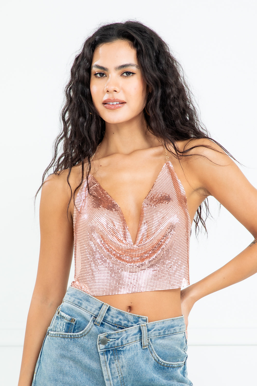 Maddie Pink Cowl Neck Chainmail Open Back Top
