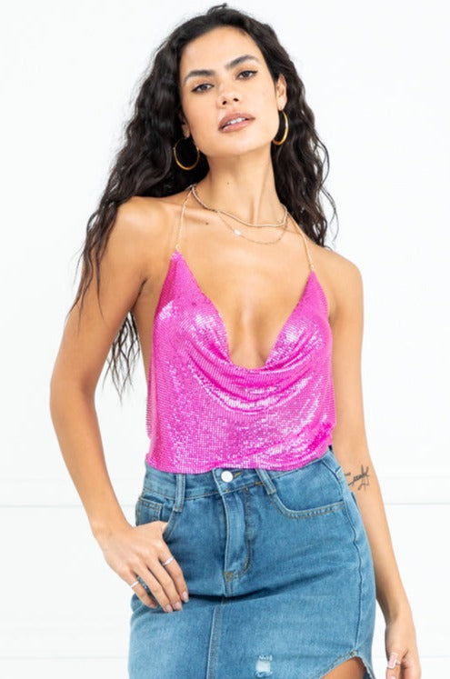 Maddie Hot Pink Cowl Neck Chainmail Open Back Top