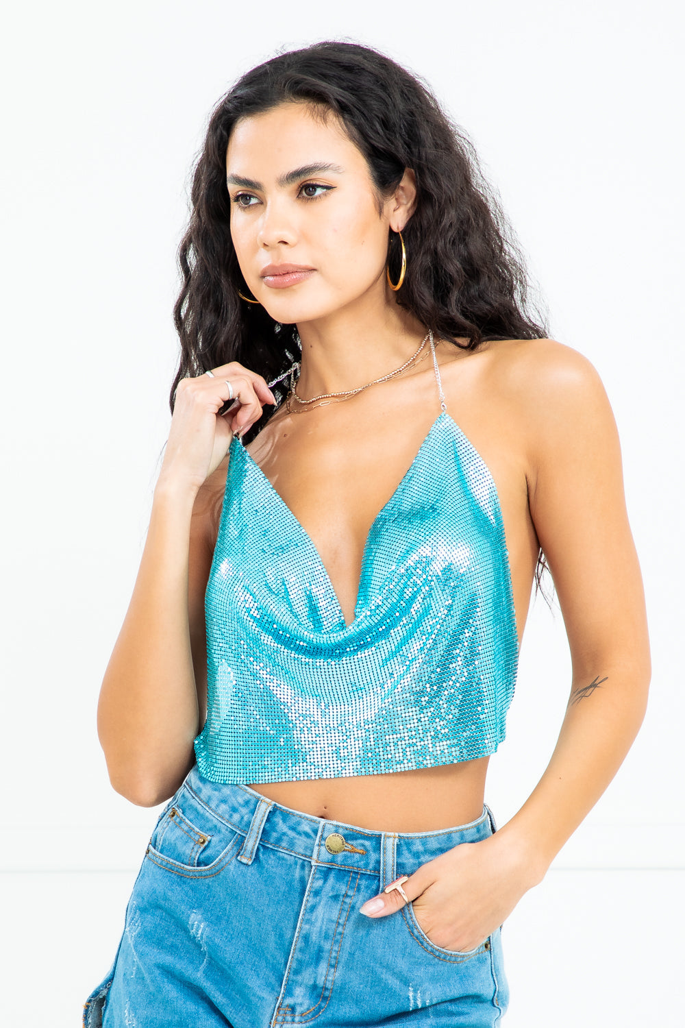 Maddie Blue Cowl Neck Chainmail Open Back Top