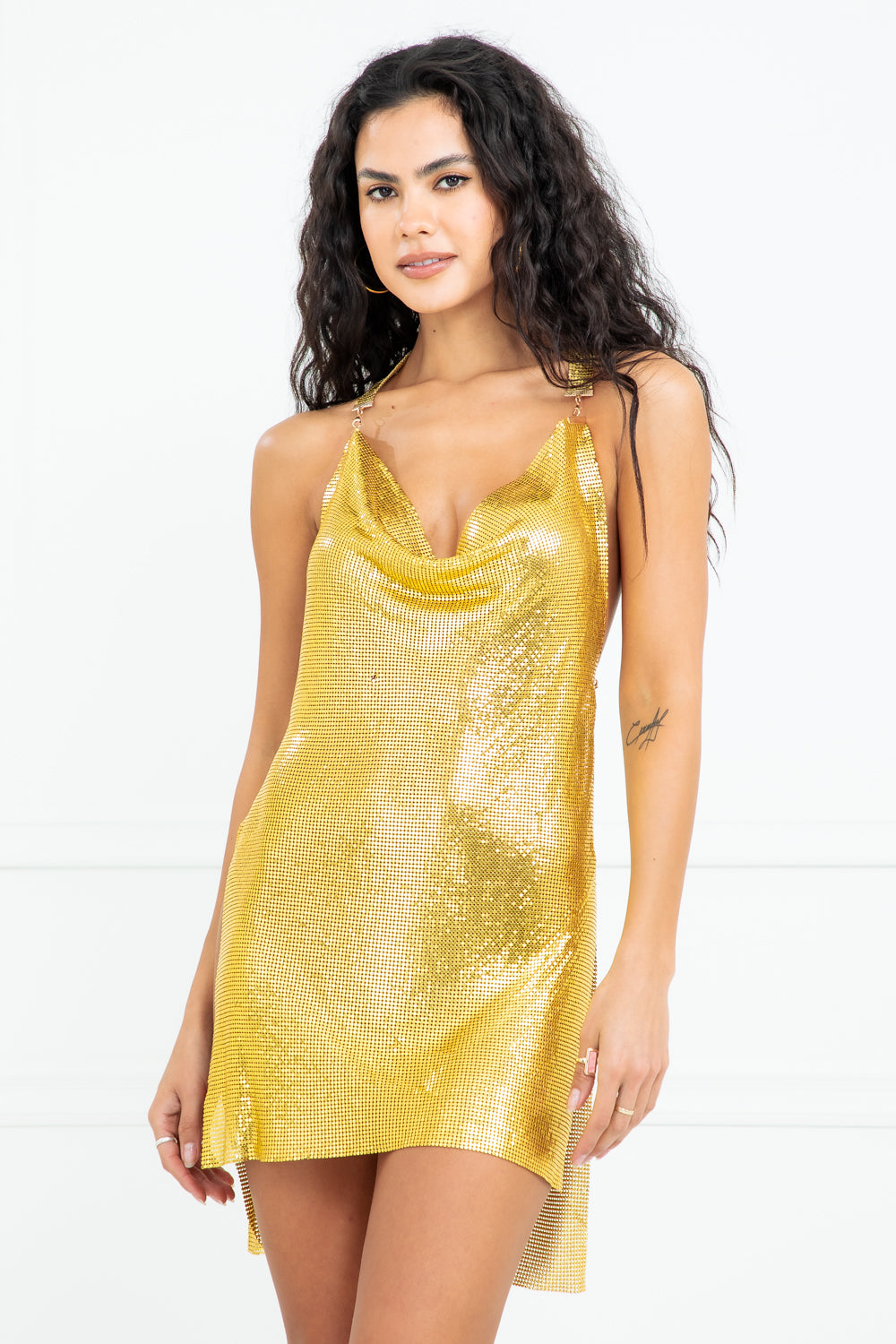 Taylor Gold Cowl Neck Chainmail Mini Dress