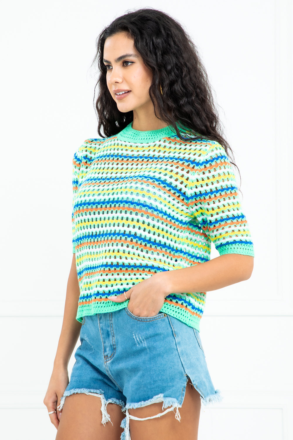Ellen White Multi Color Short Sleeve Crochet Top