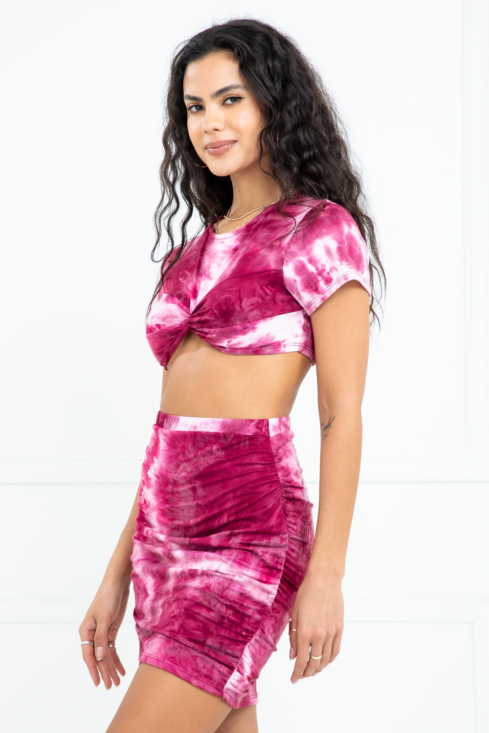 Frenchie Burgundy Tie-dye Twisted Crop Top and Ruched Skirt Set
