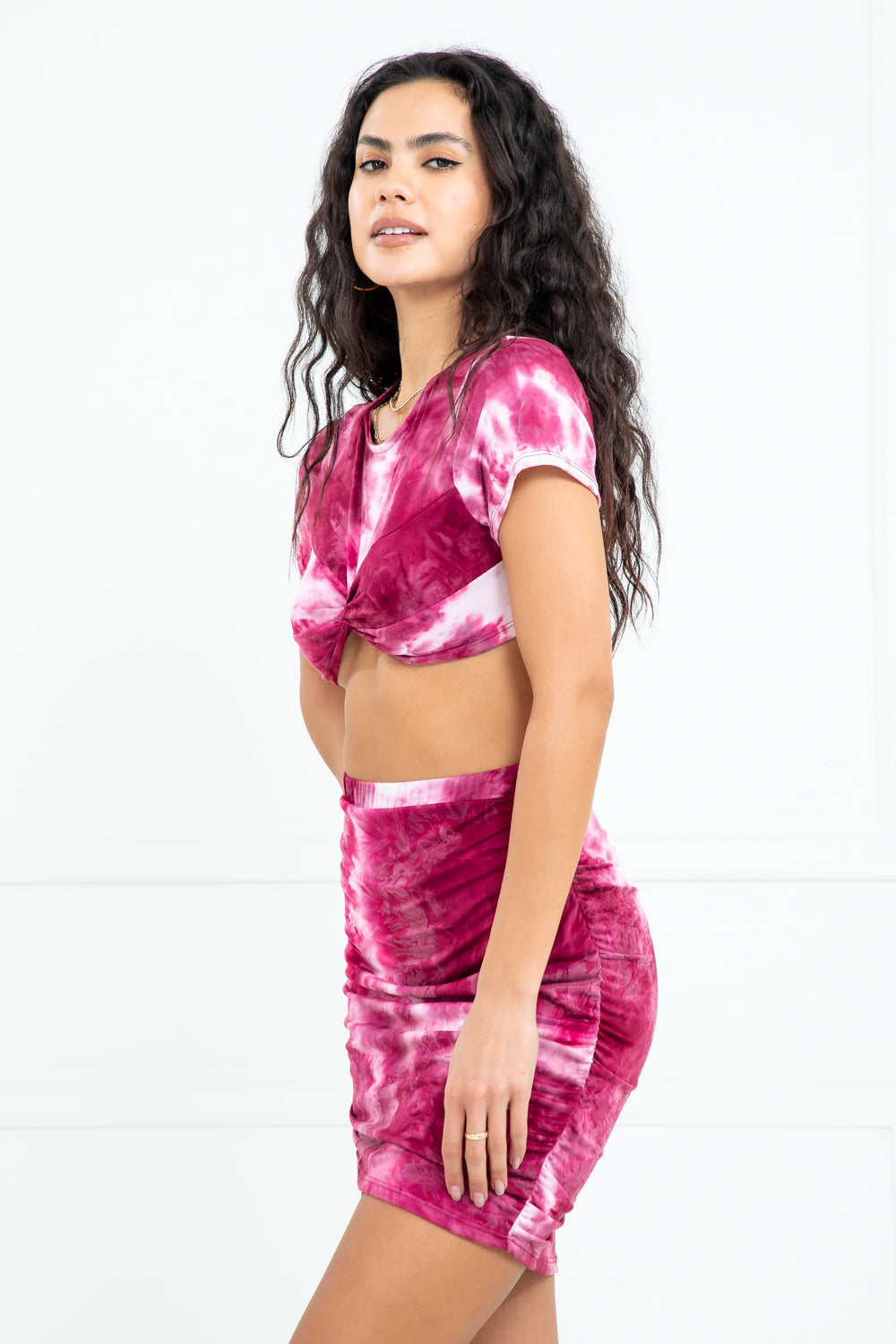 Frenchie Black Tie-dye Twisted Crop Top and Ruched Skirt Set