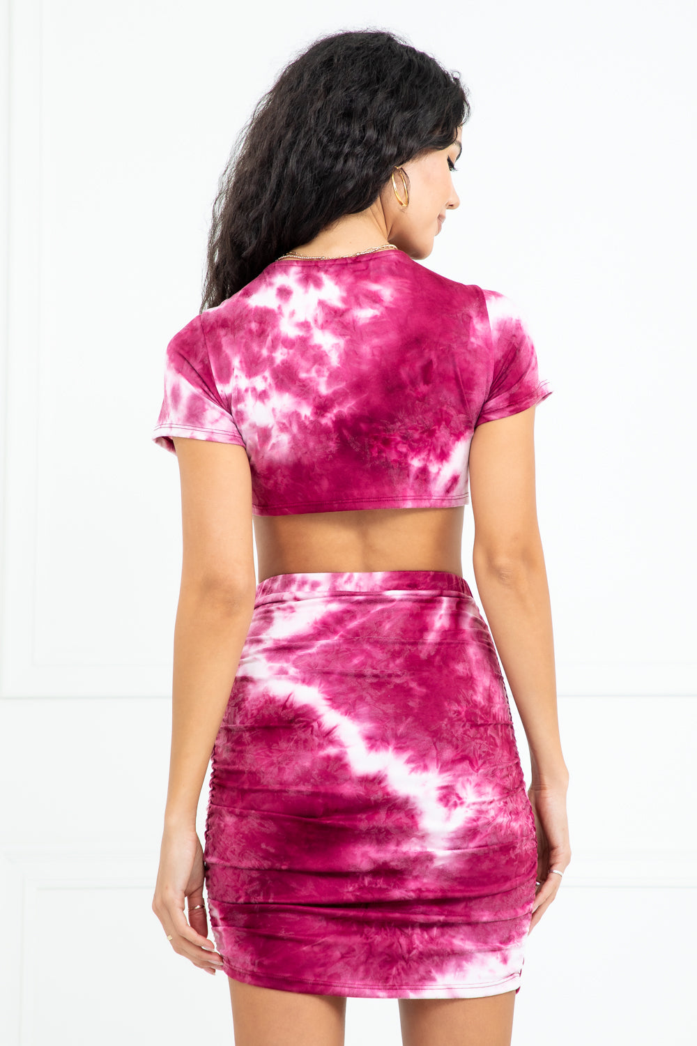 Frenchie Black Tie-dye Twisted Crop Top and Ruched Skirt Set