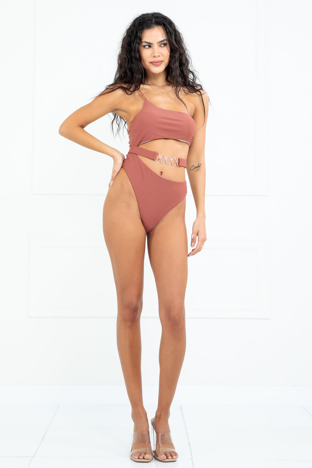 Valerie Mauve One Shoulder Chain Detailed One Piece Swimsuit