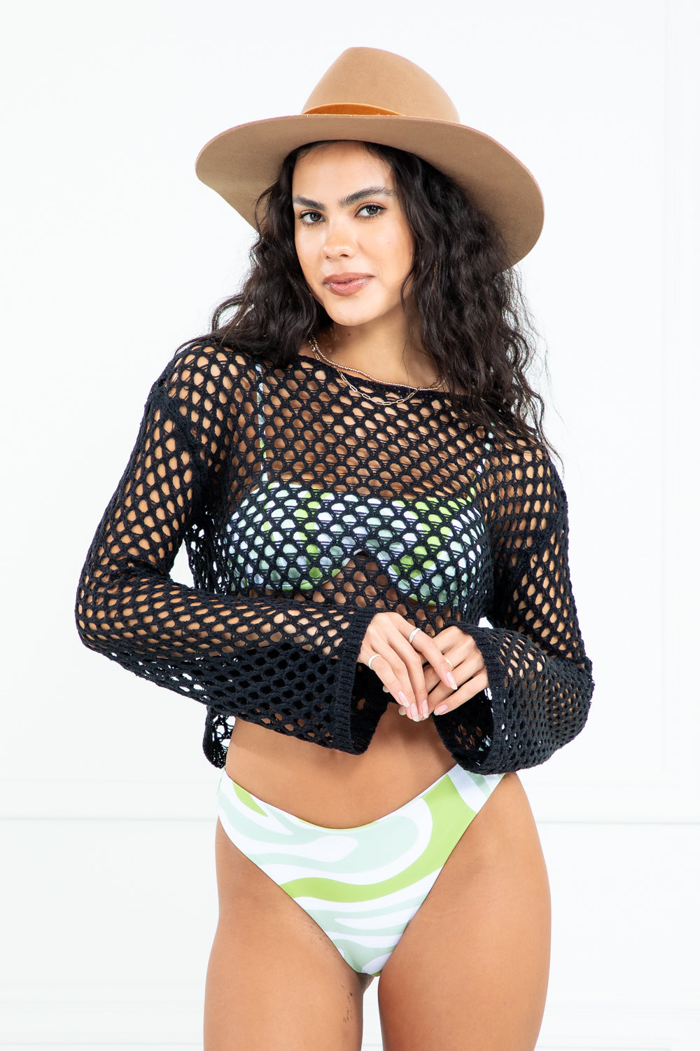 Layla Green Long Sleeve Crochet Crop Top
