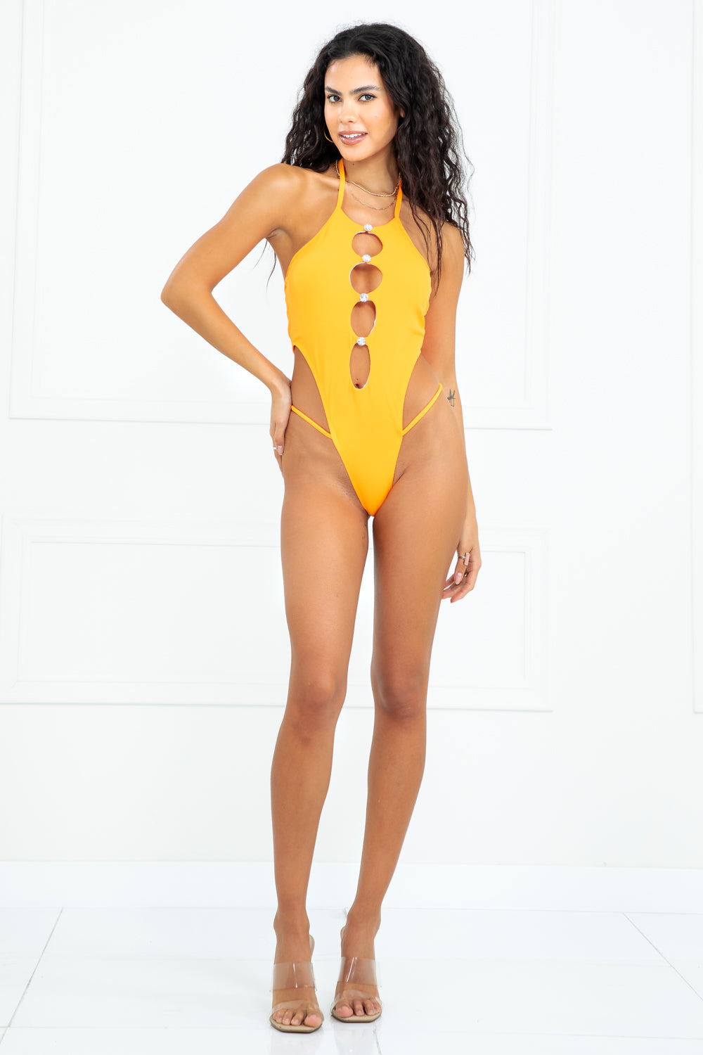 Monica Orange Halter Cut Out High Leg One Piece Swimsuit