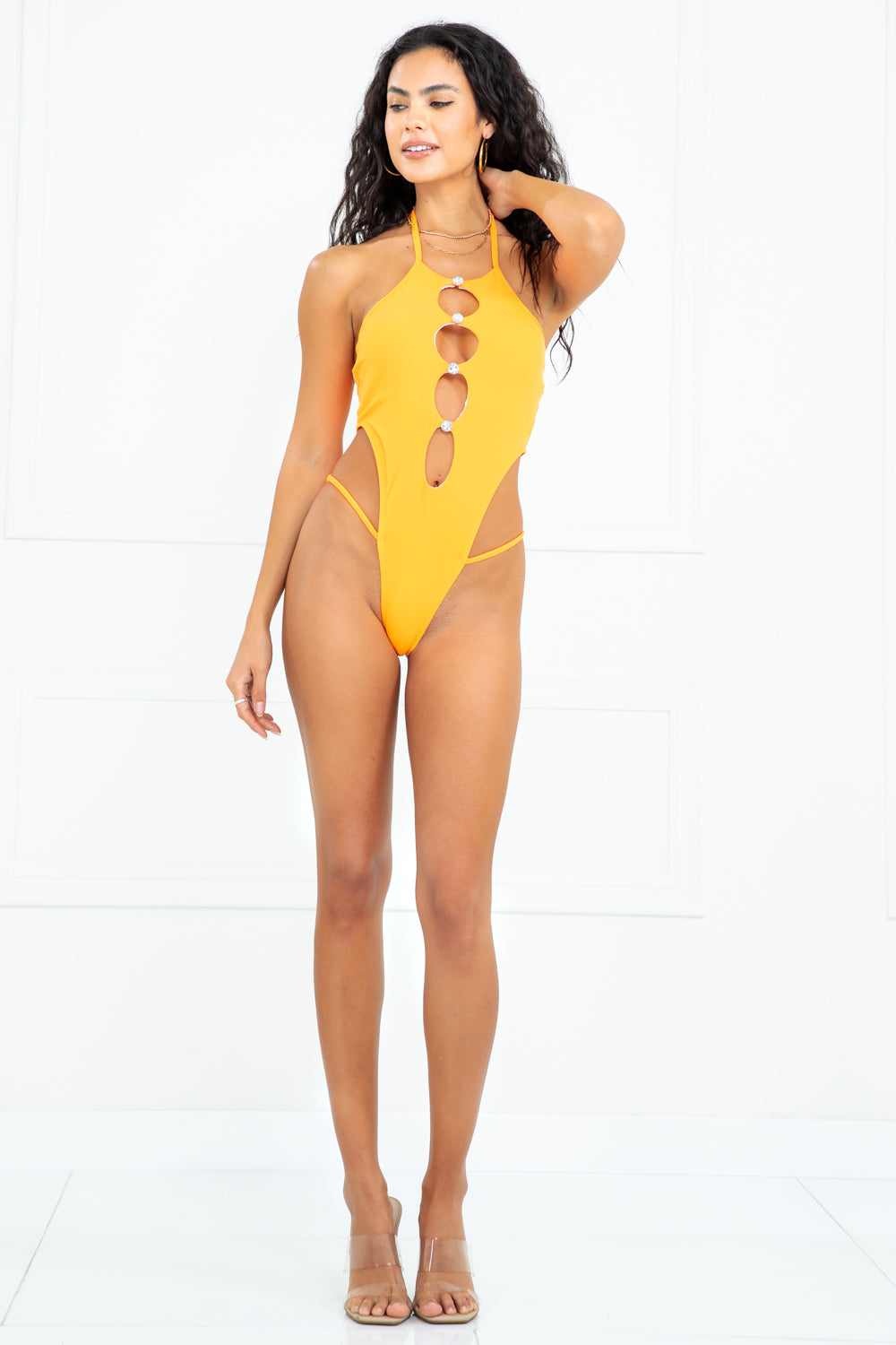 Monica Orange Halter Cut Out High Leg One Piece Swimsuit