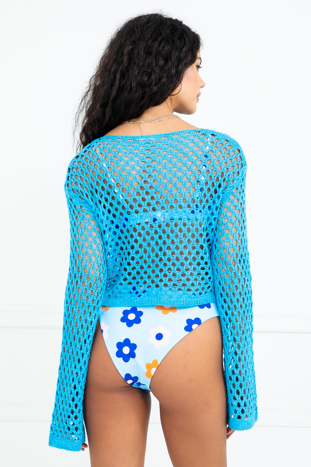 Layla Blue Long Sleeve Crochet Crop Top