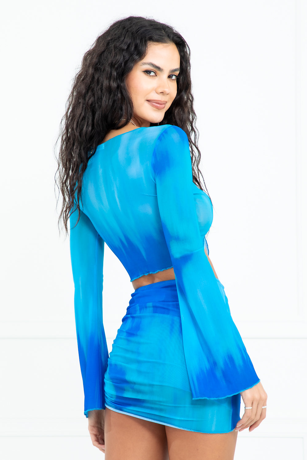 Diana Blue Tie Front Bell Sleeve Top and Mini Skirt Set