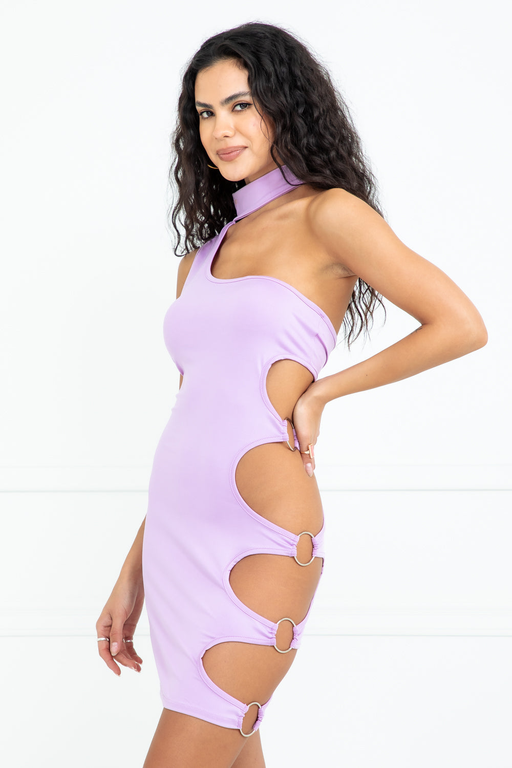 Rossie Lilac High-Neck One Shoulder Cutout Mini Dress
