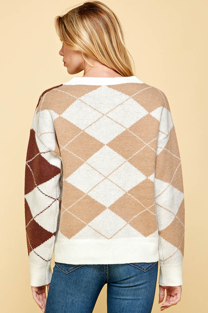 Argyle Style Long Sleeve Knit Sweater