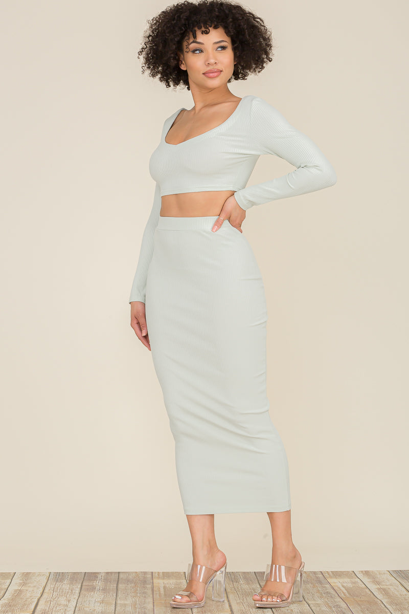 Solid Color Two Piece Midi Skirt Set