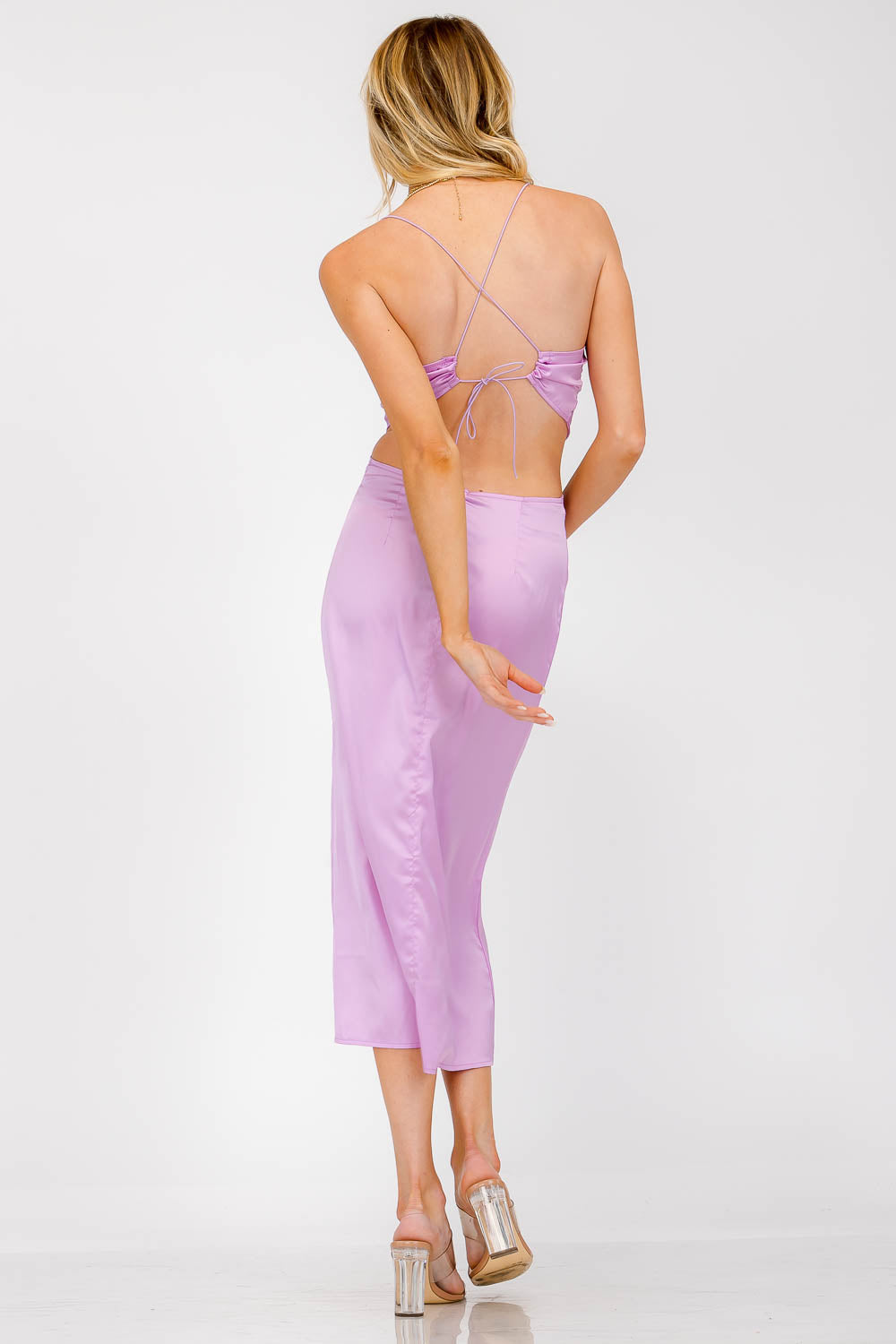 Sarah Purple Silky Cowl Cut Out Open Back Midi Dress