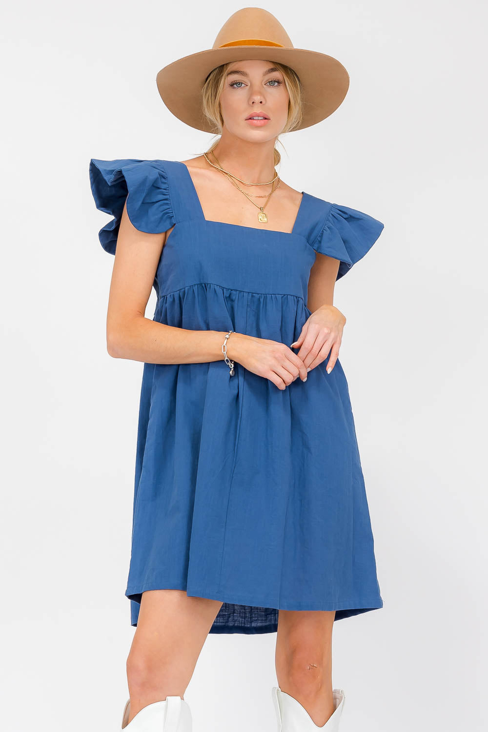 Emma Pink Ruffle Sleeve Babydoll Linen Dress
