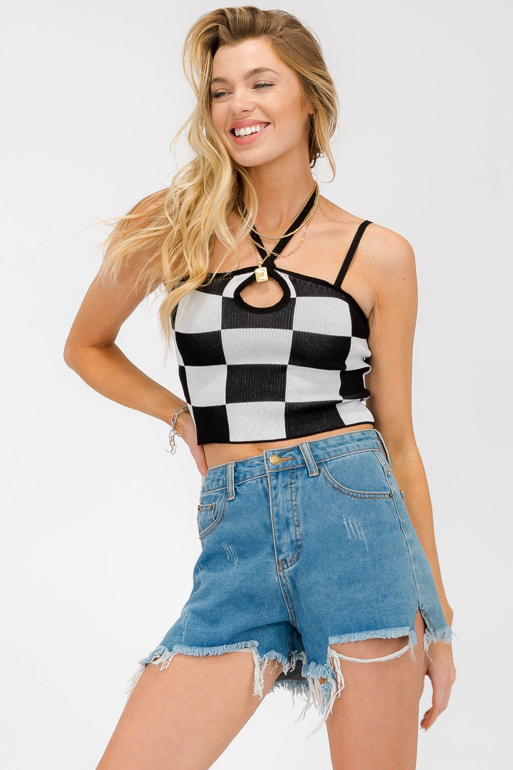 Jessica Cropped Knit Stretch Checkered Top