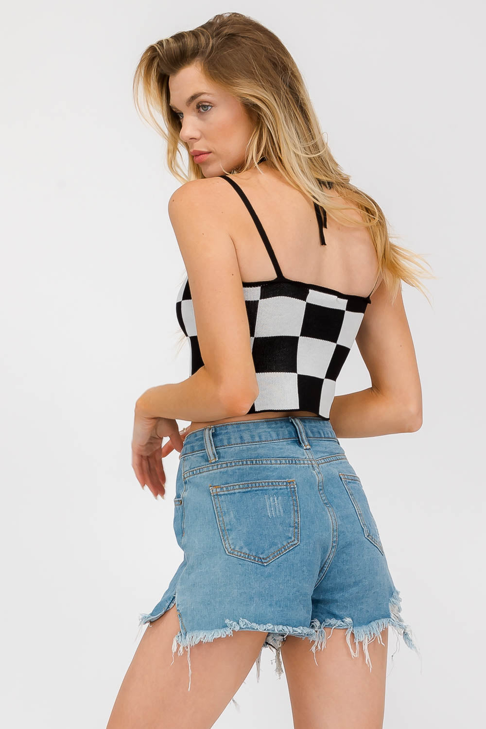 Jessica Cropped Knit Stretch Checkered Top