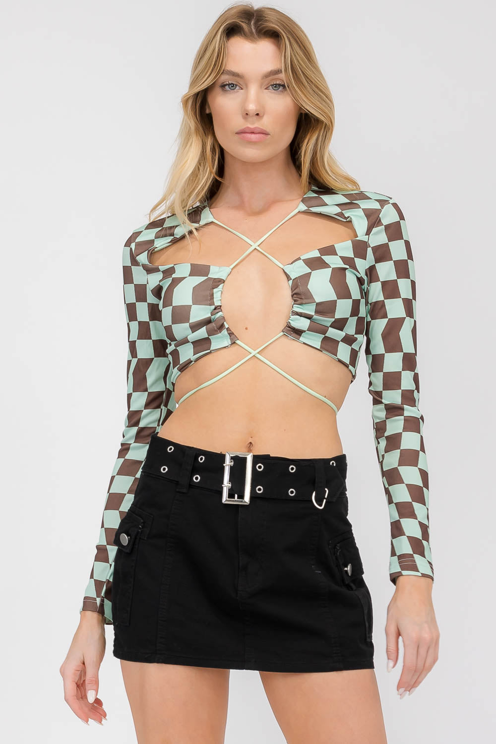 Clarke Long Sleeve Checkered Print Cut Out Top