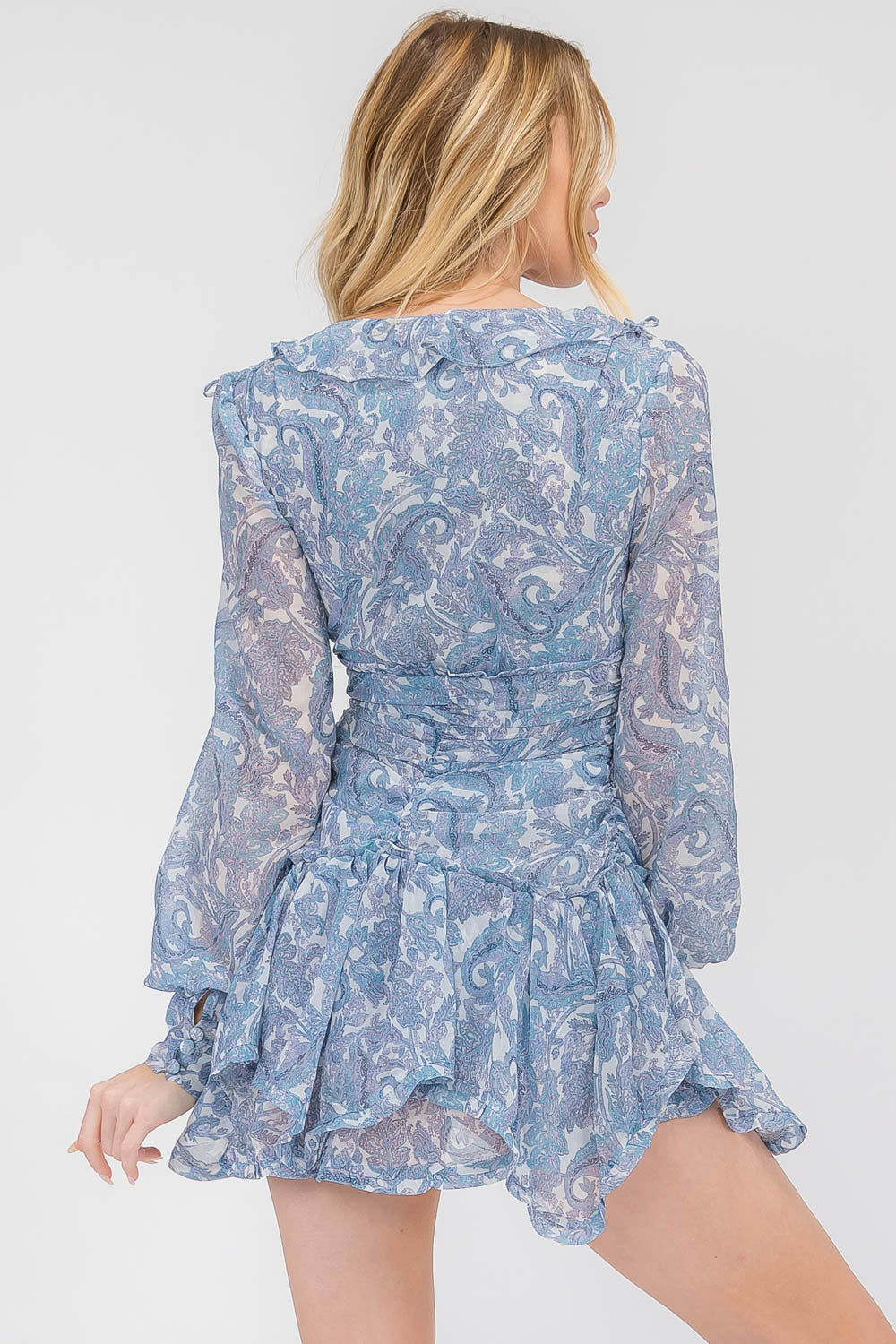 Ezra Blue Antique Floral Chiffon Ruffle Mini Dress