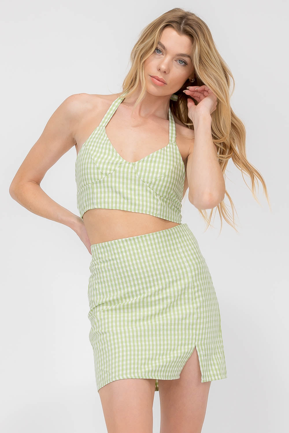 Laurie Green Gingham Halter Top and Skirt Set