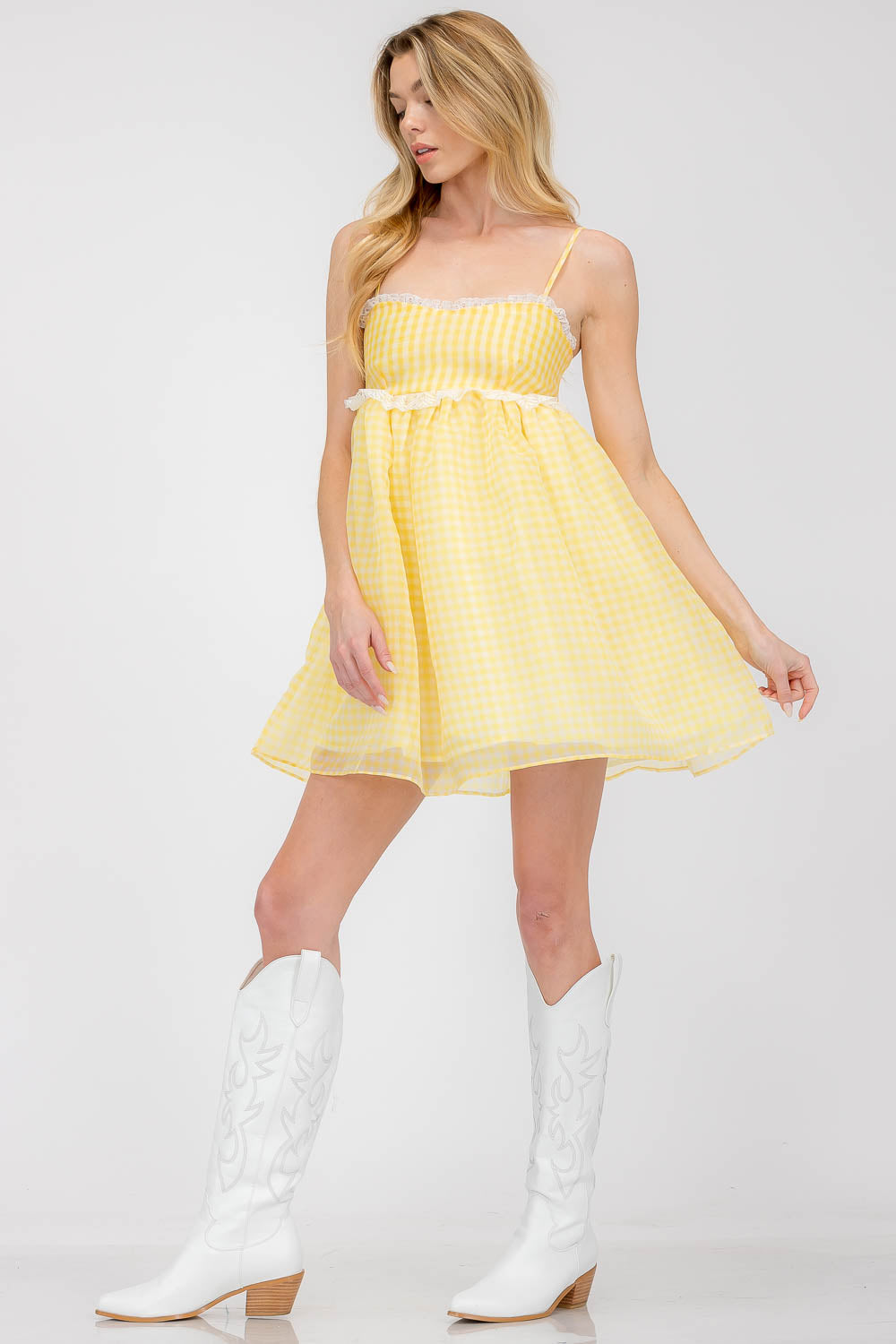 Sloane Yellow Gingham Organza Babydoll Dress