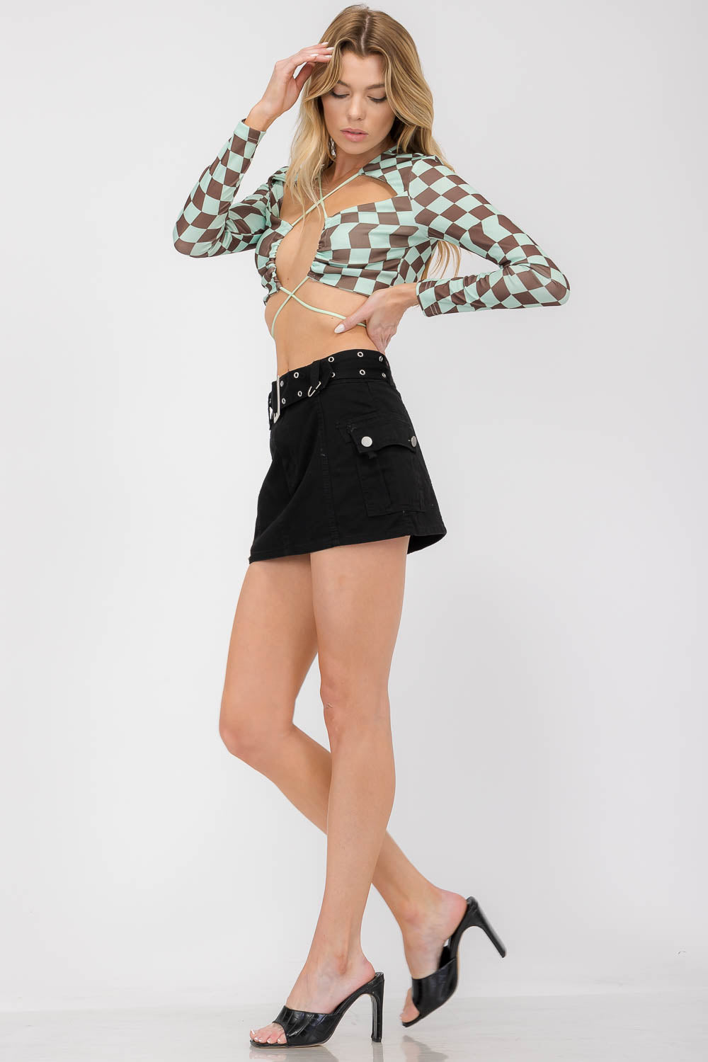Clarke Long Sleeve Checkered Print Cut Out Top