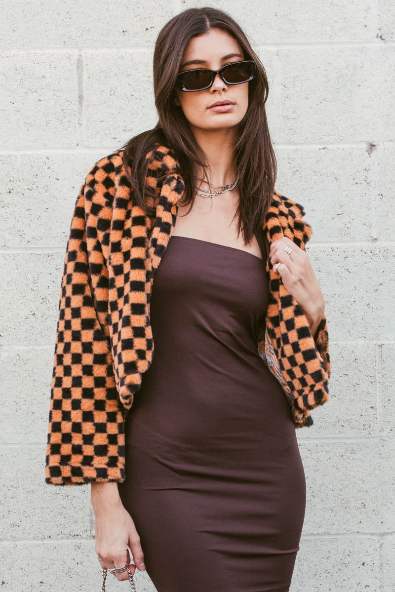 Esther Cropped Faux Fur Checkered Jacket
