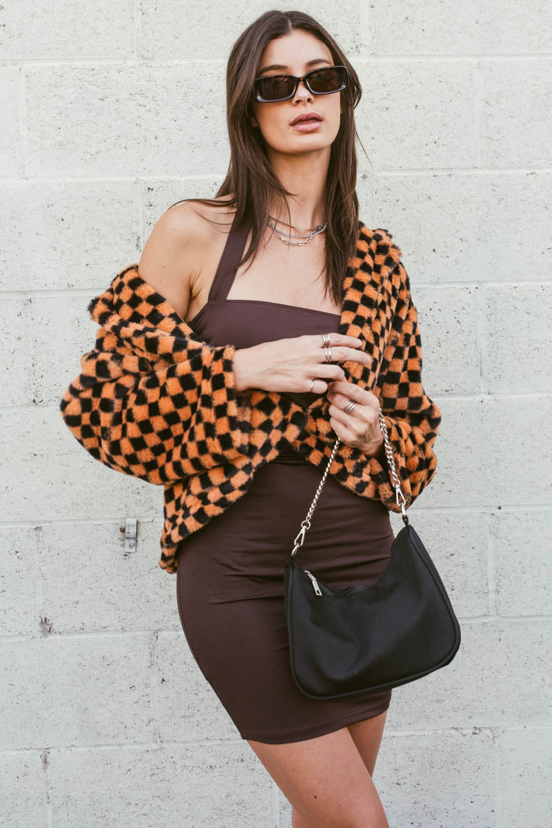 Esther Cropped Faux Fur Checkered Jacket
