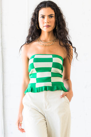 Andi Green Checkered  Strapless Knit Top