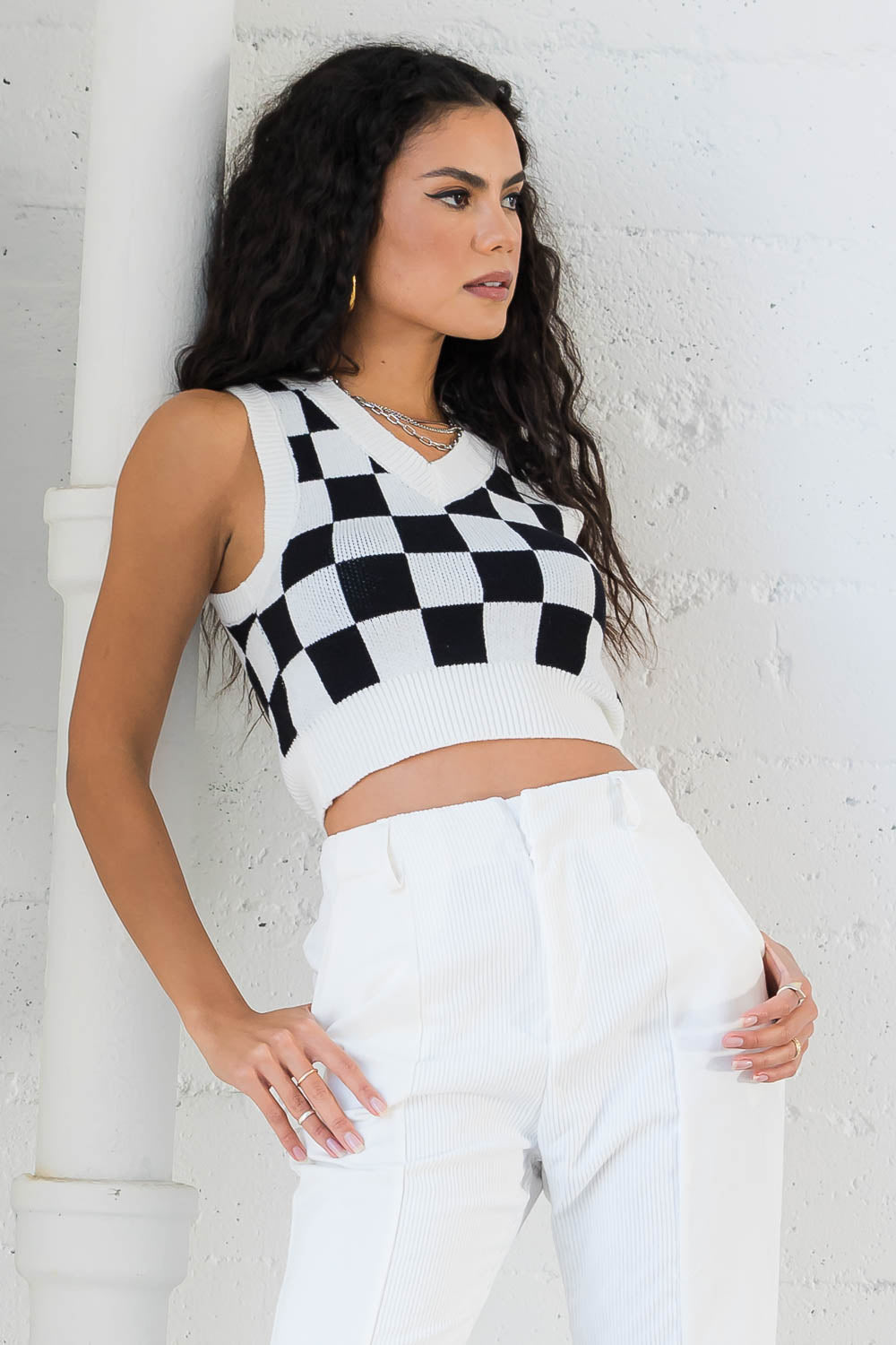 Caroline Cropped Black and White Checkered Vest Top