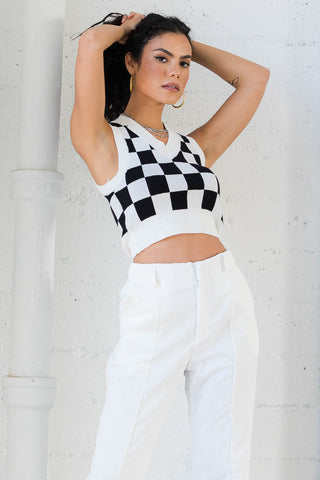 Caroline Cropped Black and White Checkered Vest Top