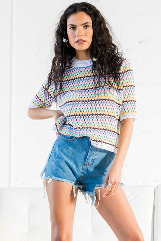 Ellen White Multi Color Short Sleeve Crochet Top