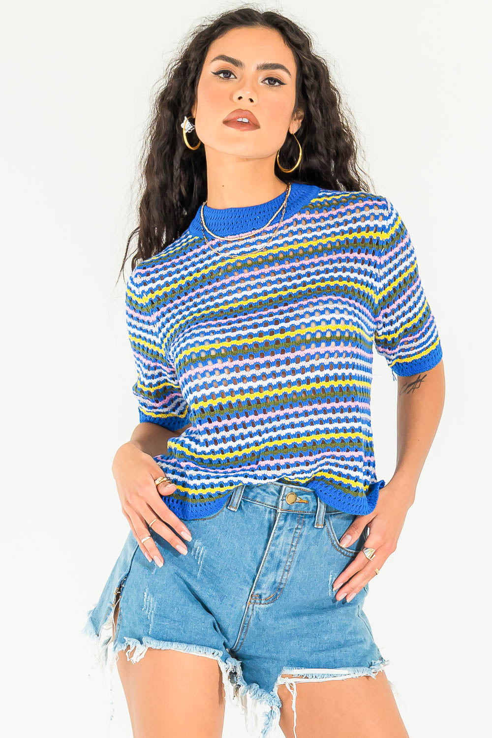 Ellen Green Multi Color Short Sleeve Crochet Top