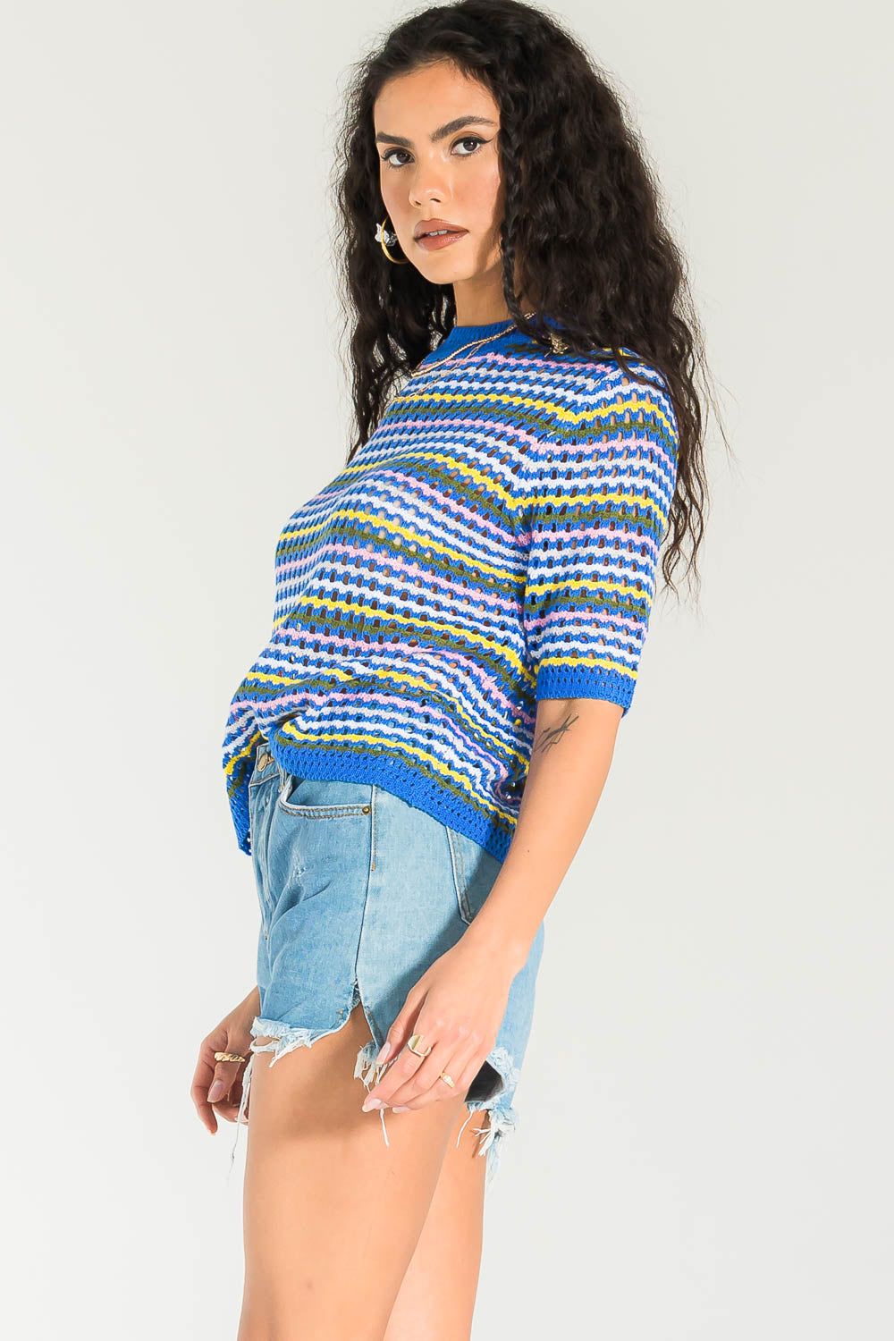 Ellen Blue Multi Color Short Sleeve Crochet Top
