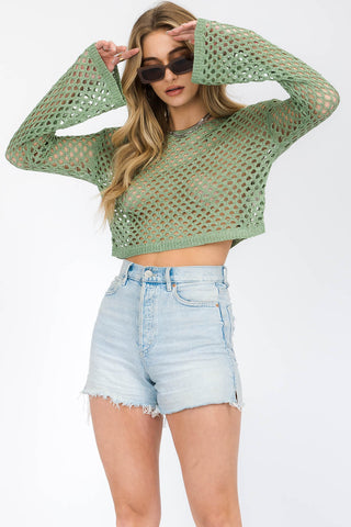 Layla Green Long Sleeve Crochet Crop Top