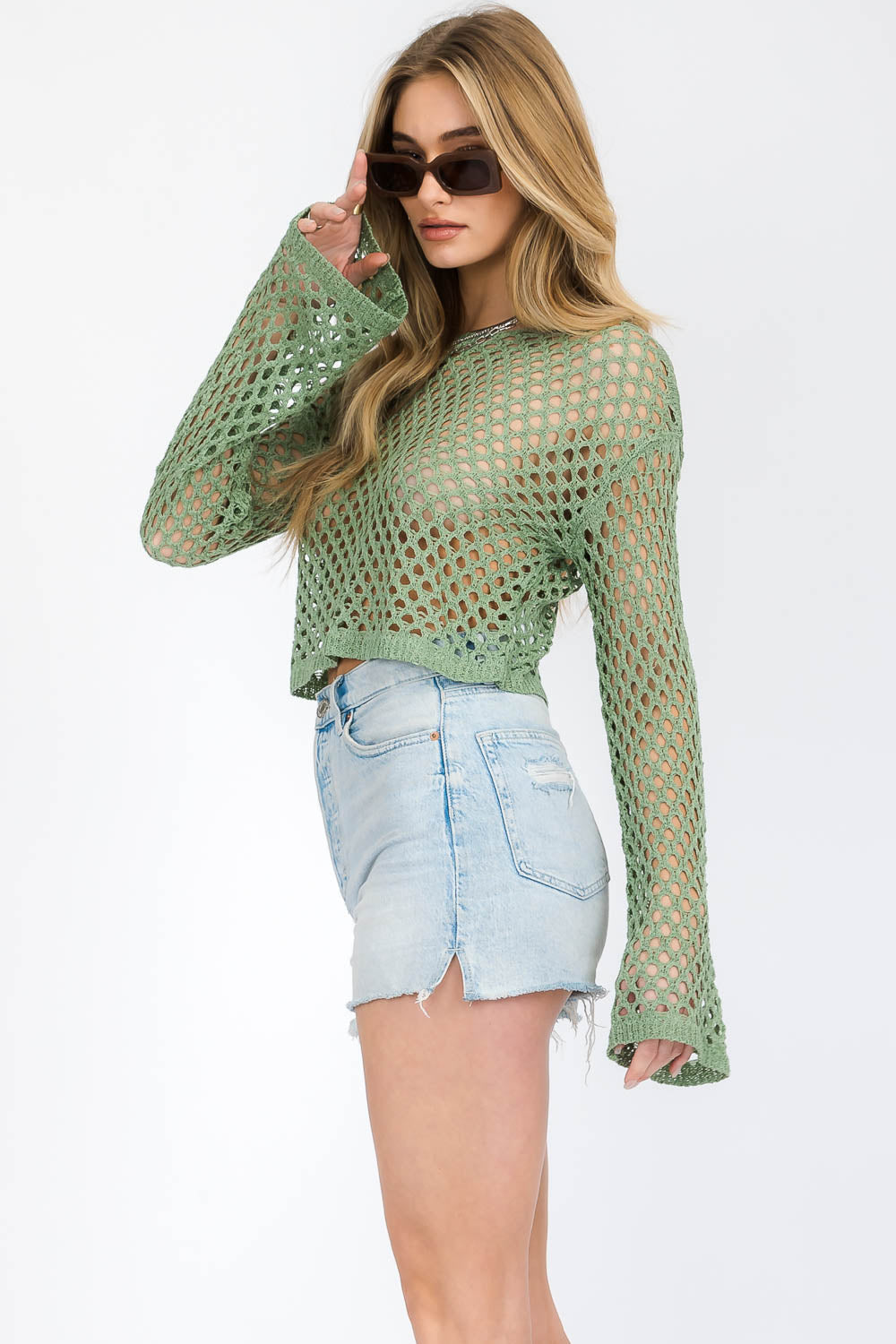 Layla Khaki Long Sleeve Crochet Crop Top