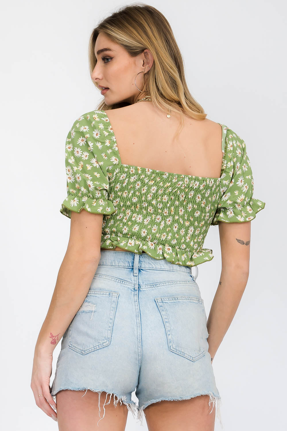 Green Floral Ruffle Cut Out Crop Top