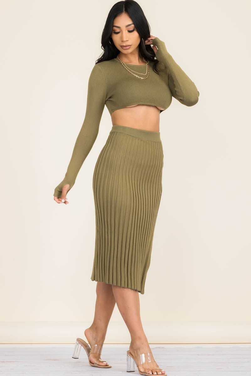 Thick Knit Crop Top and Pleated Midi Skirt Set