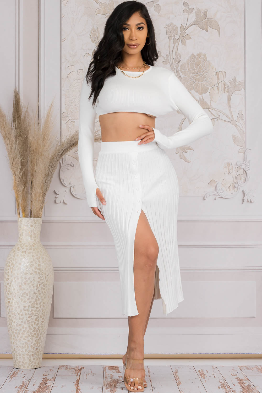Thick Knit Crop Top and Pleated Midi Skirt Set