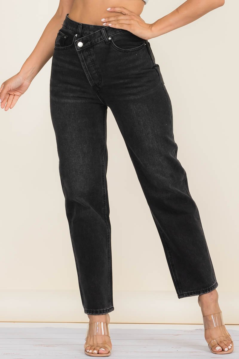 Stef Black Asymmetrical Waistline Straight Leg Jeans